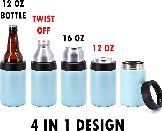 4-in-1 Stainless Steel 12 oz Double Wall Vacuum Insulated Can or Bottle Cooler Keeps Beverage Cold for Hours - Also Fits 16 oz Cans - Powder Coated Light Blue - Clear Water Home Goods