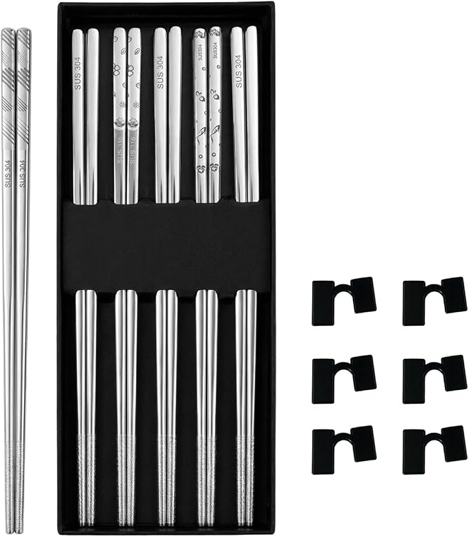 6Pairs Stainless Steel Chopsticks with Training Helper Grips, Reusable Metal Chopsticks with Laser Engraved Non-Slip Tips (9.25 Inches)