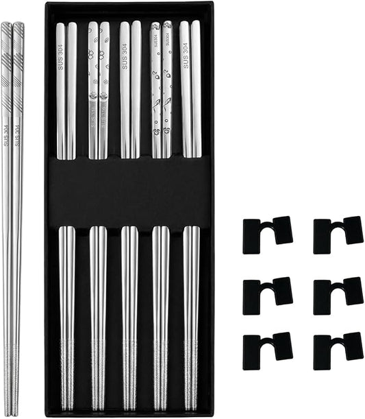 6Pairs Stainless Steel Chopsticks with Training Helper Grips, Reusable Metal Chopsticks with Laser Engraved Non-Slip Tips (9.25 Inches)