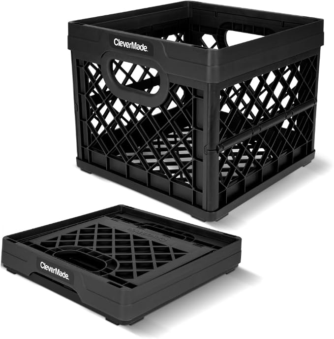 CleverMade Collapsible Milk Crate, 25L Storage Crate, Holds 50 lb, Obsidian | Organize Files, Groceries, and Gear in One Crate | Built-In Rails Hold Letter Folders, While the Frame Stacks Securely