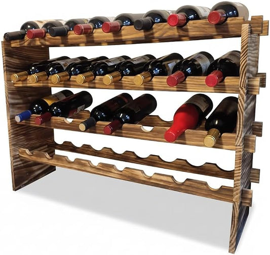 32-Bottle 4-Tier Stackable Wine Rack – Freestanding Carbonized Pine Organizer for Home Bar, Kitchen, Countertop, Modular DIY Design