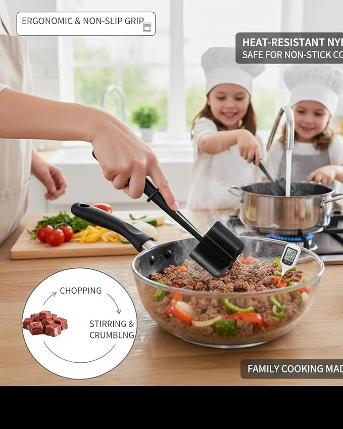 Hamburger Chopper,Meat Chopper,Potato Masher, Premium Heat Resistant Meat Masher for Ground Beef, Ground Turkey and More, Safe For Non-Stick Cookware