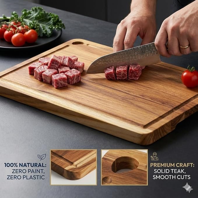 Extra Large Teak Wood Cutting Board for Kitchen, Knife-Friendly Chopping Boards with Juice Grooves & Storage Stand, Heavy Duty Wooden Boards for Meat, Fruit & Cheese, Ideal Housewarming Gift
