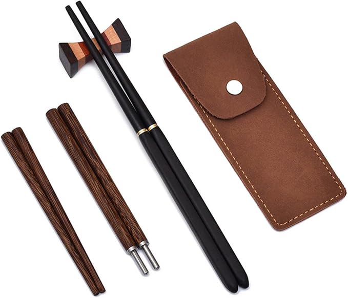 Foldable Chopsticks Travel Friendly Chopsticks with Leather Case Wood Tablewares Convenient Utensils for Outdoor Use, 20.8CM