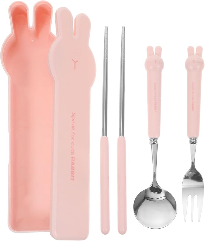 4 PCS Travel Utensils with Case, Portable Stainless Steel Reusable Cutlery Set for Lunch Box, Includes Spoon Fork Chopsticks, Small Pink Cartoon Flatware for Students, Kids School, Office, H