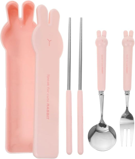 4 PCS Travel Utensils with Case, Portable Stainless Steel Reusable Cutlery Set for Lunch Box, Includes Spoon Fork Chopsticks, Small Pink Cartoon Flatware for Students, Kids School, Office, H