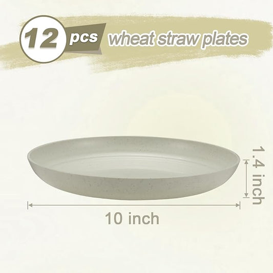 12 Pcs Unbreakable Deep Dinner Plates Set, 10 inch Reusable Plastic Wheat Straw Plates, Microwave and Dishwasher Safe Plate for Kitchen, Lightweight Plate for Dessert, BPA Free, Beige