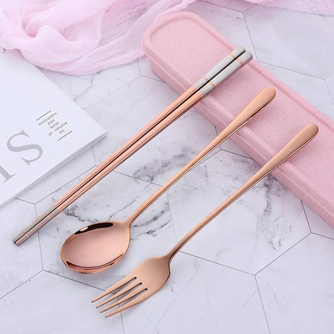 3 Piece Portable Flatware Set, Chopsticks, Fork and Spoon with Travel Case, Rose Gold