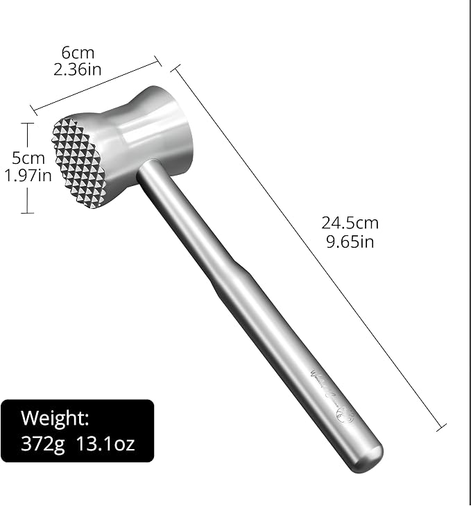 Stainless Steel Meat Tenderizer Hammer – Heavy-Duty All-Metal Design, Anti-Rust & Dishwasher Safe – Textured Surface for Steak, Chicken, Pork, and More,6 - YEAR WARRANTY