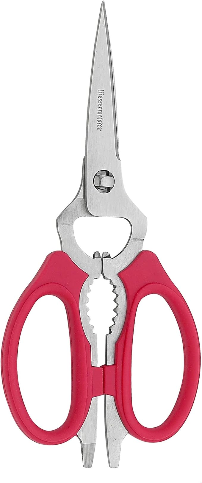 Messermeister 8-Inch Take-Apart Kitchen Scissors, Red - Includes Screwdriver, Nut Cracker, Jar Lid Opener/Gripper, Bottle Opener & Bone + Twig Cutter - Suitable for Lefties & Righties