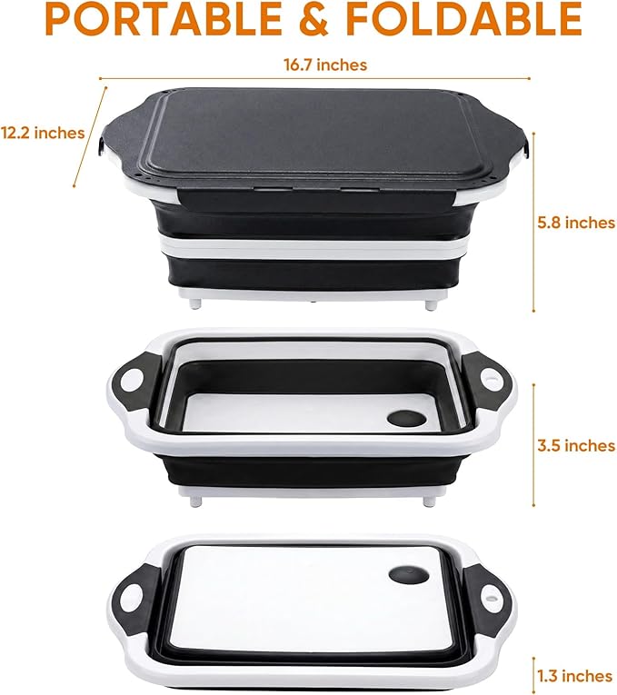 Collapsible BBQ Prep Tub with Lid, Foldable Camping Sink with Colander, Cutting Board, Dish Basin for Kitchen, Bowl, Vegetable and Fruit, Storage Basket for Picnic-Black
