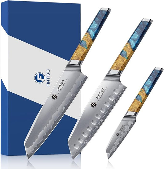 3PCS Kitchen Knife Set, Japanese Chef Knife Set with S35VN Powder Steel Core, Resin & Wood Handle, Ultra Sharp Knives Set for Meat, Vegetables, Fruits Ideal Gift