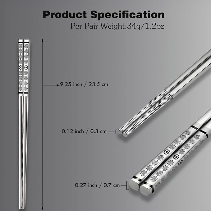Metal Chopsticks Reusable,Stainless Steel,Dishwasher Safe,5 Pairs,Silvery | Gift Box Set,Square,Lightweight, Non-Slip,Laser Engraved Patterns No fade