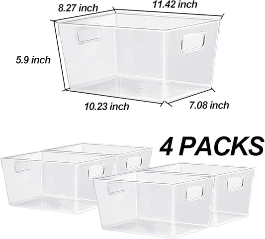 4pcs Clear Storage Bins Clear Storage Containers for Kitchen Pantry Organization, Organizing Bins with Built in Handles, Cabinet Organizers