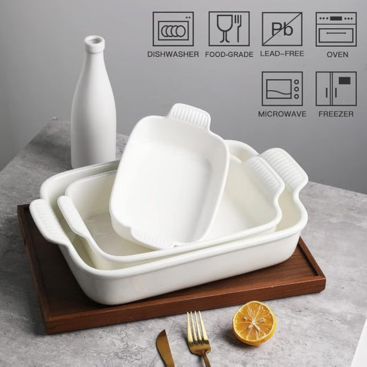 Sweejar Baking Pans Set, Ceramic 9x13 Baking Dish with Handle, Rectangular Casserole Dishes for Oven, Bakeware Sets of 3, Durable Lasagna Pan Deep for Kitchen, Banquet, Wedding Gift(White)