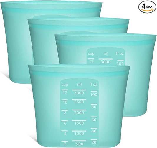 Extra Large Reusable Silicone Food Storage Bags 4 Pack, 0.8 Gallon/3000ml, 100% Silicone Stand-Up Wide-Open Zip-Lock Reusable Bags for Large Items, Microwave Freezer Oven Dishwasher Safe, Aqua