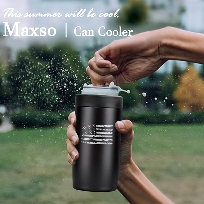 4-in-1 Slim Can Cooler Easy to Hold Insulated Beer Can Holder Double-walled Stainless Steel for All 12 Oz Cans (Black America Flag)