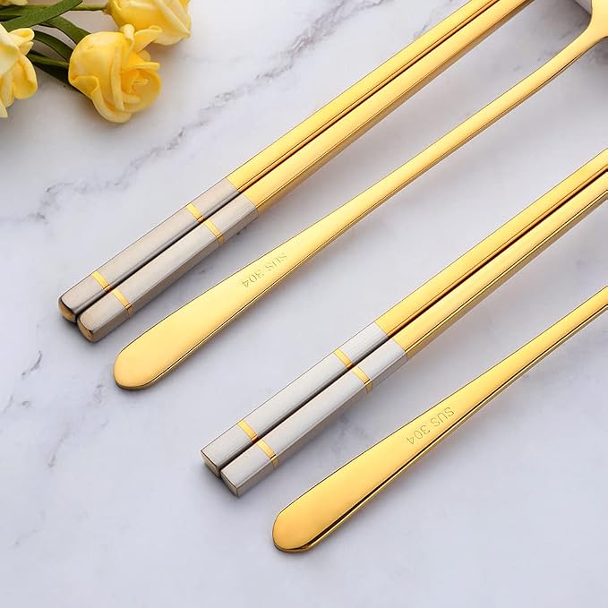 Buyer Star Stainless Steel Korean Chopsticks Spoons and Fork Set, 2 Pack Reusable Forks and Spoons Silverware Korean Utensil Set, Portable Utensils Dinnerware for Home (Gold)