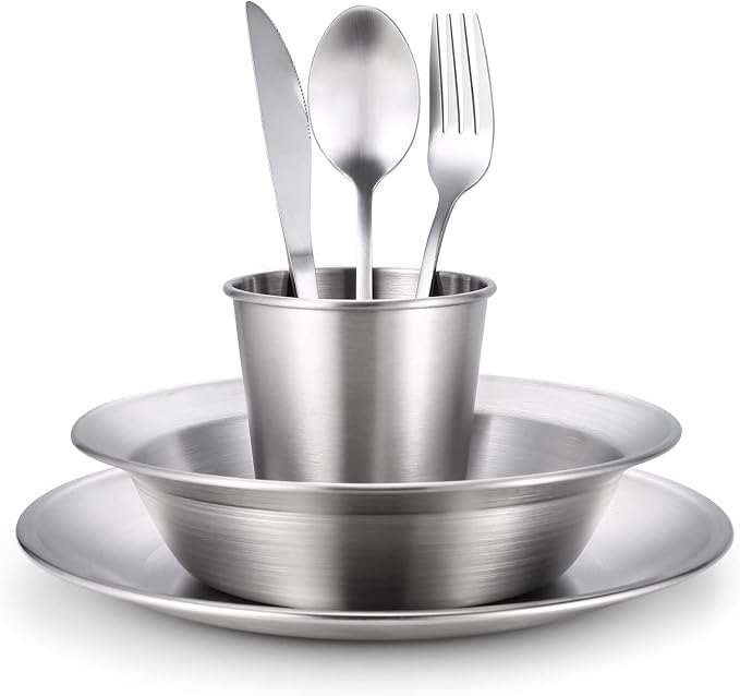 Odoland Stainless Steel Camping Mess Kit for Family & Person | Cooking Tableware Utensils with Plates Bowls Forks Spoons Knives & Savings Bag for Camping, Backpacking, Hiking, Picnic