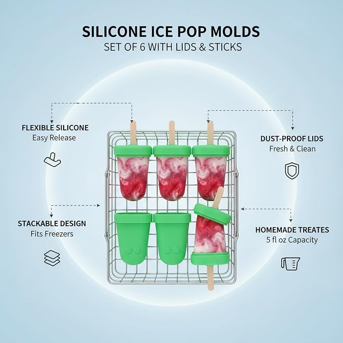 Easy-Release Homemade Popsicles with Silicone Mold, Lids & Sticks for Juice or Yogurt, 5 fl oz Capacity