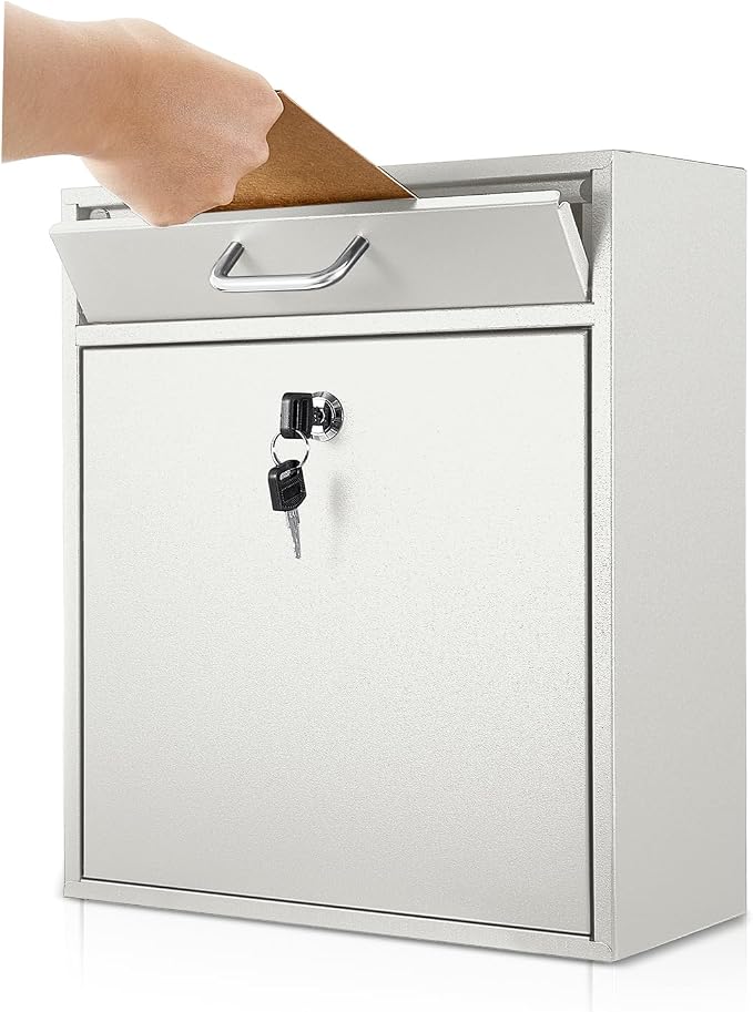 Yaocom Locking Mailbox with Key for Outdoor 12 x 10.5 x 4.7 Inches Large Wall Mount Mail Box with Lock Security Mail Drop Metal Collection Boxes Hanging Secure Postbox(Creamy White)