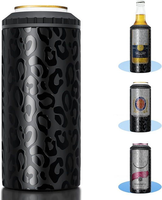 3 in 1 Slim Can Cooler for 12 OZ Skinny Can, Regular Can & Beer Bottle - Keep Cold for 6 Hours - Double Walled Insulated Stainless Steel Vacuum Beverage Can Insulator (Black Leopard)
