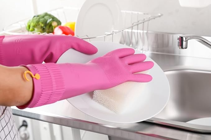 Myungjin 2 Pairs Reusable Waterproof Non-Slip Honeycomb Grip Latex Rubber Gloves with Hang-Dry Hooks/Hanging Loops for Dishwashing Household Cleaning Cooking (Medium)