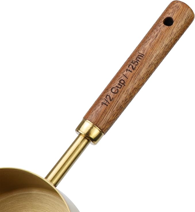 1/2 Cup Stainless Steel Measuring Cup with Wooden Handle, 125ml | Gold Measuring Scoop, 125ml Metal Measuring Spoon, For Baking, Cooking, Wet and Dry Ingredients