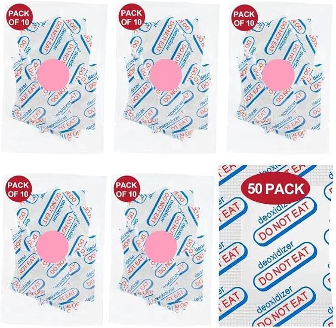 50 Packs 500CC Food Grade Oxygen Absorbers （10 Packs in Individual Vacuum Bag, 5X Packs of 10, Oxygen Absorbers For Long Term Food Storage, with Oxygen Indicator, for Mylar Bags, Mason Jars
