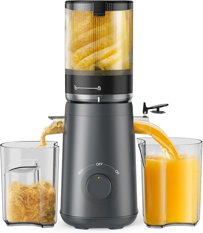 TUUMIIST Cold Press Juicer Machine, 5.8 Inch Extra Large Feed Chute for Whole Fruits, Easy to Clean Slow Juicer, High Yield, BPA Free - Grey
