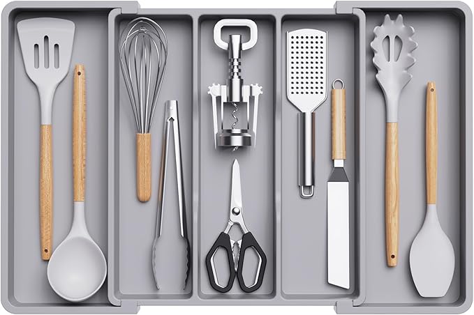 Lifewit Plastic Utensil Organizer for Kitchen Drawers, Expandable 13 to 22.4 Inches Wide, Adjustable Cutlery Silverware Flatware Holder, Kitchen Spatula Tools and Gadgets Storage Divider, Large, Gray