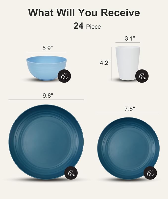 Quatish 24 Piece Plates and Bowls Sets for 6, Unbreakable Dinnerware Sets, Dish Set for Camping, Dishwasher Microwave Safe, Outdoor Kitchen and Apartment Dorm Dinning RV Essentials, Blue