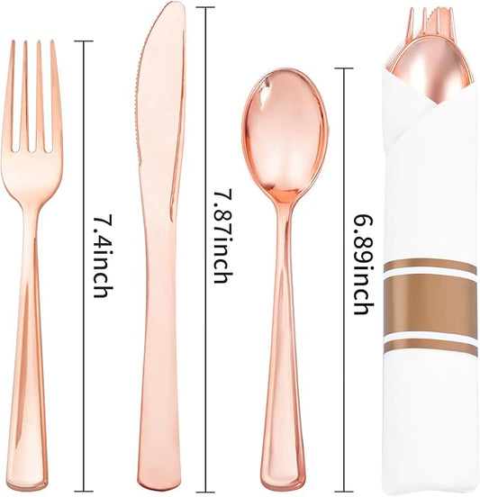 Liacere 100Pack Rose Gold Plastic Silverware - Pre Rolled Napkins with Rose Gold Cutlery - Wrapped Silverware Set Disposable100 Forks Knives Spoons Wrapped Utensils for Wedding&Christmas