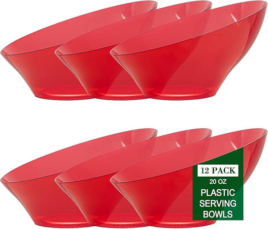 bUCLA 12 Pack Clear Red Plastic Serving Bowls - 20 OZ Christmas Angled Serving Bowls Disposable for Chip, Candy, Salad & Fruit - Ideal for X’mas Party