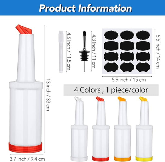 Ruisita 4 Pack Fruit Juice and Liquor Pour Bottles 34 oz Bar Juice Containers Plastic Pour Bottles with Stainless Steel Bottle Pourer Tapered Spout in 4 Colors for Liquor Juice Store