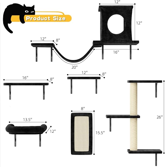 11-in-1 Cat Wall Shelves Cat Climbing Furniture with Wall Mounted Perch & Lounge for Indoor Cats, Space-Saving Cat Climbing Wall Systems, Black