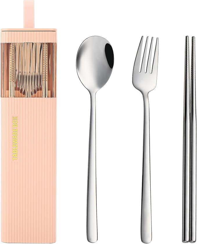 DEVICO Travel Utensils with Case, 4Pcs Korean Chopsticks Fork and Spoon Set | 18/8 Stainless Steel Portable Cutlery Set, Reusable Silverware for Lunch Box/Camping/Work/School, Dishwasher Safe, Pink