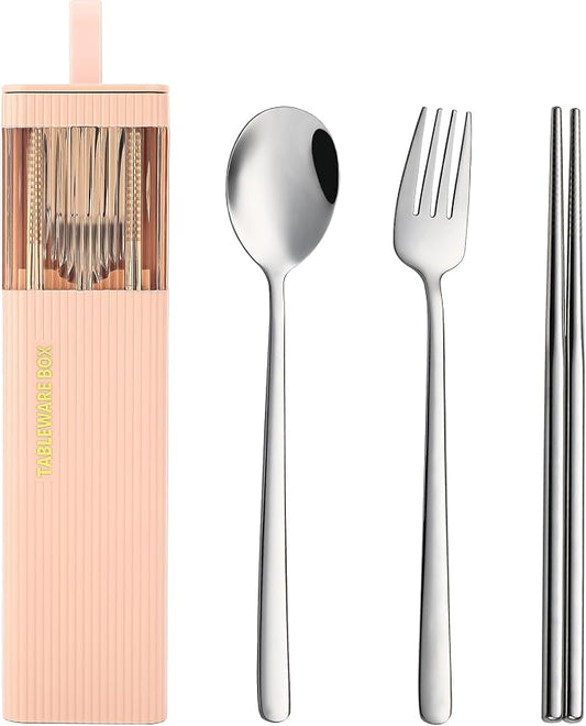 DEVICO Travel Utensils with Case, 4Pcs Korean Chopsticks Fork and Spoon Set | 18/8 Stainless Steel Portable Cutlery Set, Reusable Silverware for Lunch Box/Camping/Work/School, Dishwasher Safe, Pink
