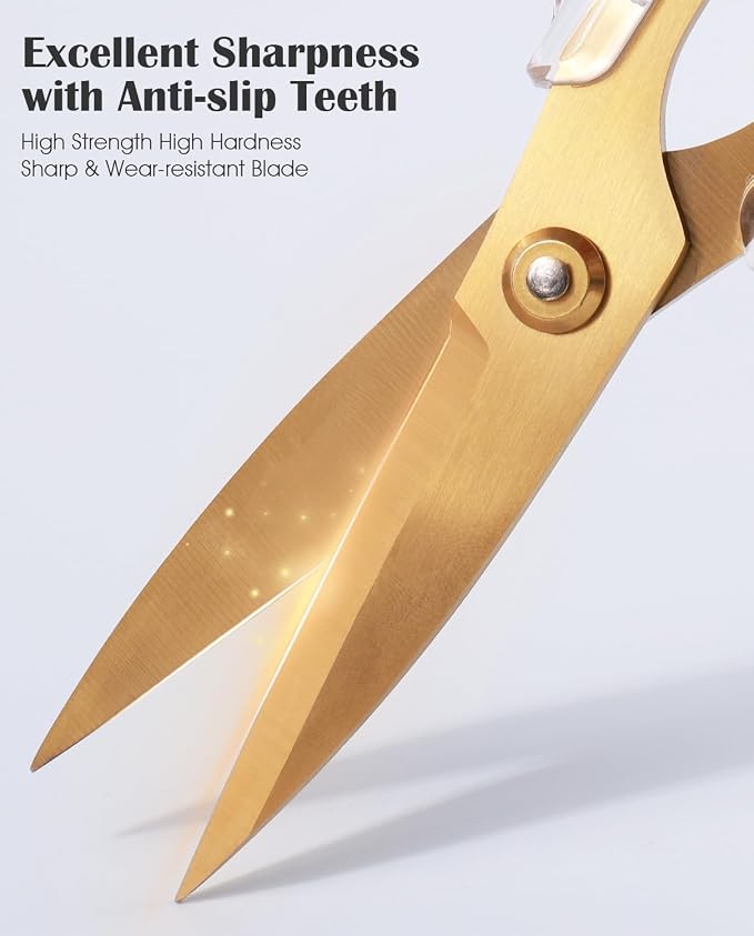 Kitchen Shears Scissors, ARCHIKING 7.7inch Gold Titanium Plated Scissor-Meat and Poultry Shears, Dishwasher Safe, Acrylic Handel All Purpose Stainless Steel Utility Scissor - Diamond Clear