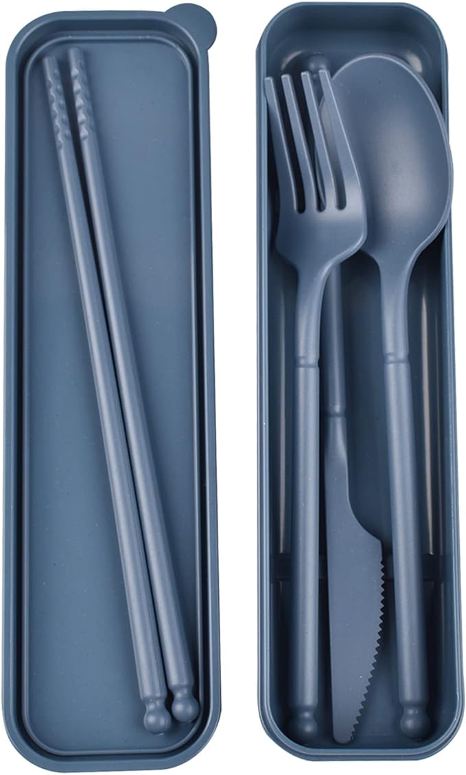 Camping Utensil Set, Reusable Utensils Set with Case, Plastic Cutlery Set Forks Spoon Tableware Chopsticks, Portable Cutlery Set for Travel Picnic Camping or Daily Use (Dark Blue)