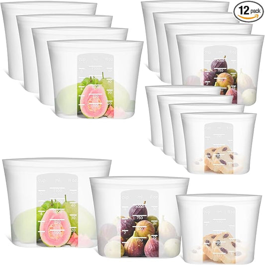 12-Pack Reusable Silicone Food Storage Bags, 100% Silicone Stand-Up Wide-Open Zip-Lock Reusable Storage Bags for Food, Freezer Microwave Oven Dishwasher Safe, Translucent, 4M 4S 4XS