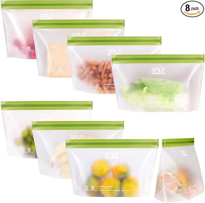 SPLF 8 Pack Stand-Up Reusable Half Gallon Freezer Bags Dishwasher Safe | Extra Thick Leakproof 1/2 Gallon Food Storage Bags, BPA Free Silicone for Meal Prep, Marinate, Veggies, Fridge Organization