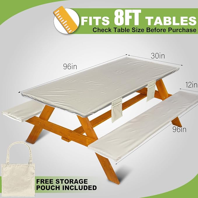 Wrakus Picnic Table Cover with Bench Covers Vinyl Elastic Edges Fitted Rectangle Seat Tables Waterproof 3-Piece96X30in Set Outdoor Rectangular Folding Backing Tablecloth for Camping Over Size