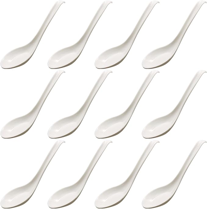 12 Pcs Soup Spoons Long Handle with Hook, White | Asian Soup Spoons, For Chinese Japanese Dishes, Miso Ramen Dumpling Pho, Rice Noodle & Soba Soup