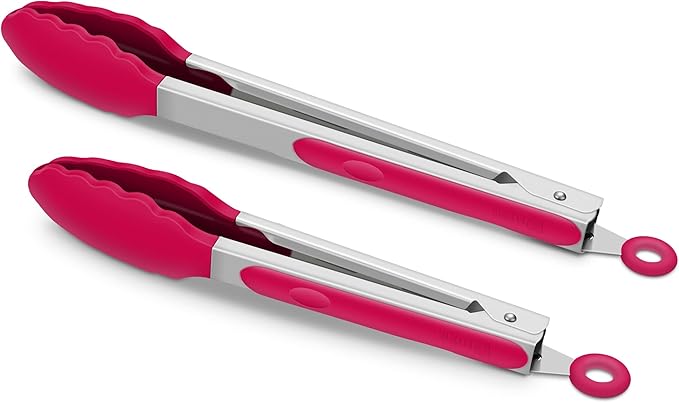 Premium Stainless Steel Food Tongs, 9-Inch & 12-Inch Wine Red Silicone BPA Free Non-Stick BBQ Cooking Grilling Locking Kitchen Tong