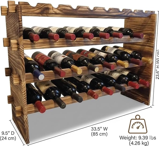 32-Bottle 4-Tier Stackable Wine Rack – Freestanding Carbonized Pine Organizer for Home Bar, Kitchen, Countertop, Modular DIY Design