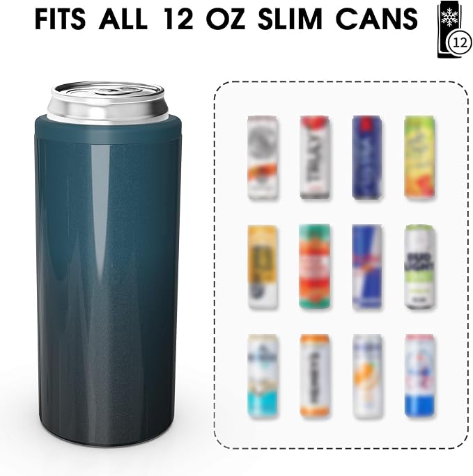 TILUCK Skinny Can Cooler, Stainless Steel Insulated Slim Cans, 12 oz | Beer & Hard Seltzer, Doucle-Walled Stainless Steel Insulated Slim Cans, Slim 12 oz(Glitter IndigoBlack)