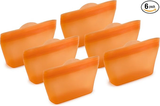 Home Logic Reusable Snack Bags - Set of 6 Firecracker Orange Silicone Freezer Bags, Airtight Leak Resistant Reusable Zip Bags for Kitchen Home Food Prep, Microwave & Sous Vide Safe