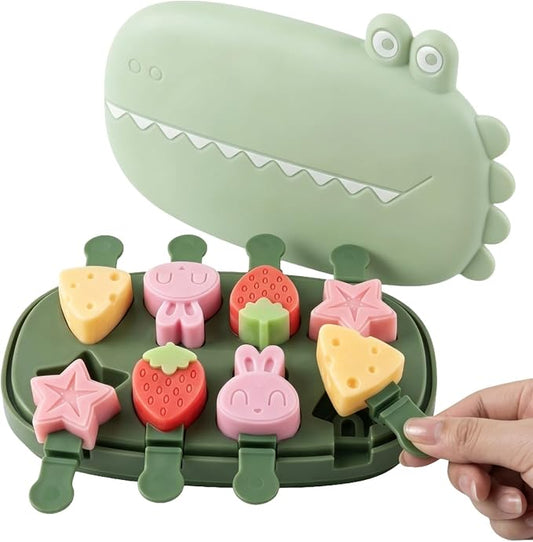 8-Cavity Popsicle Molds, Food-Safe Silicone Ice Cream Molds with Crocodile Lid, Fun Shaped Homemade Mini Ice Popsicle Maker with 8 Reusable Sticks, 7.5 x 4.7 in