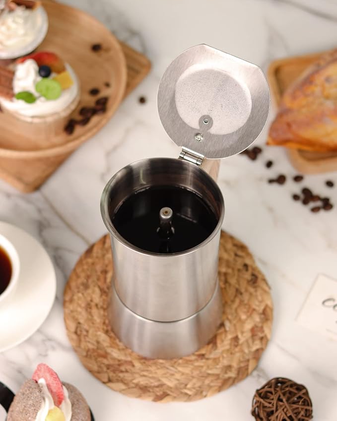 Sivaphe Stovetop Espresso Maker Stainless Steel 9 Cups, Induction-Capable Mocha Pot 450ml, Coffee Percolator with Replacement Silicone Gasket Steel Filter and Instructions (1 Cup=50ml)